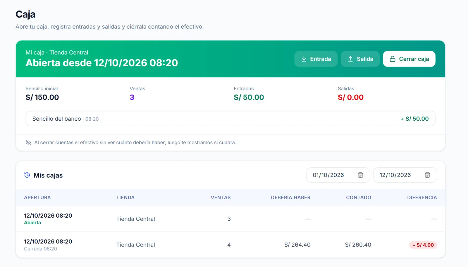 Caja abierta de un vendedor en Yupana