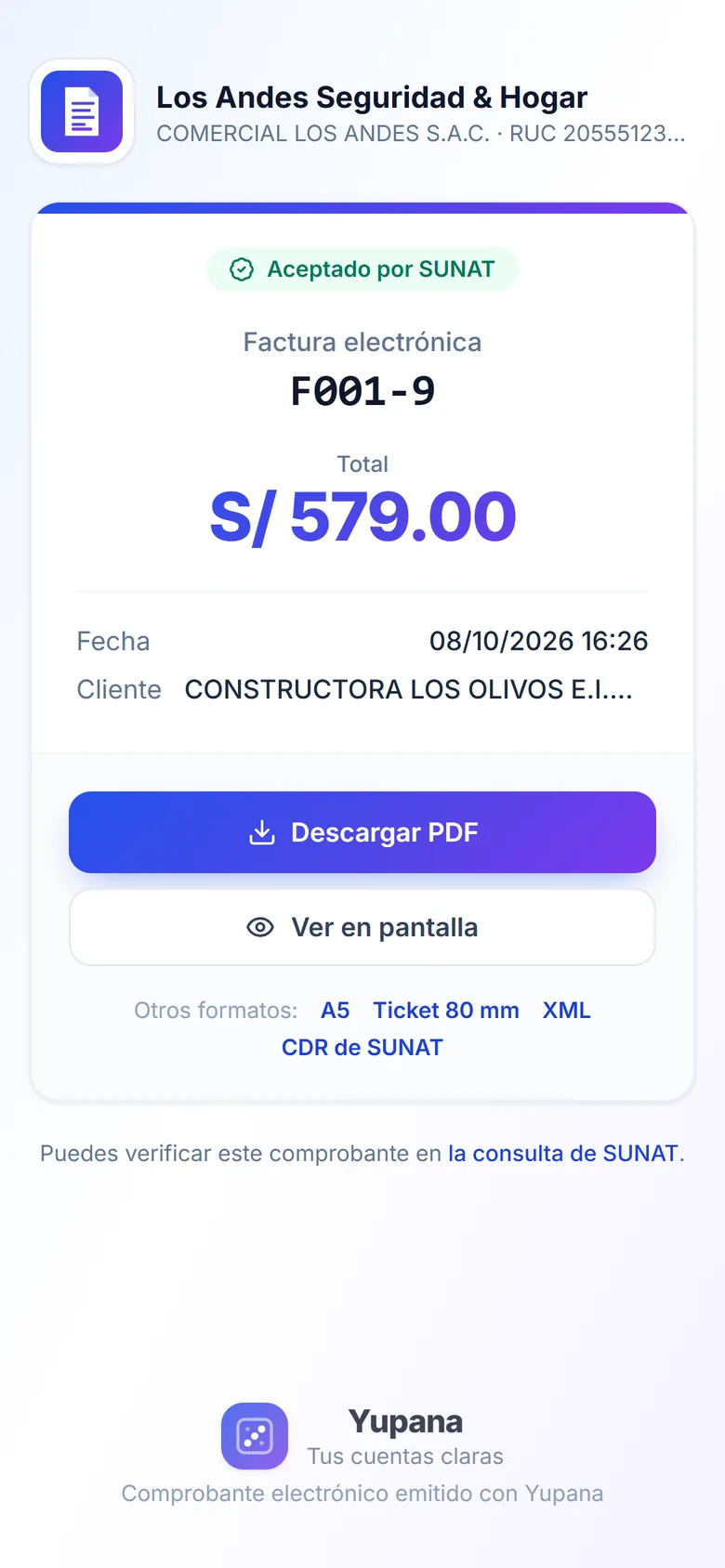 Página donde el cliente ve su comprobante